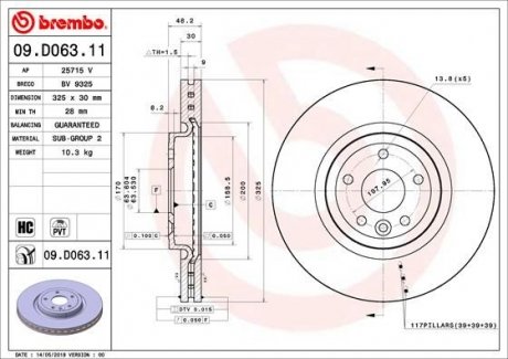 Тормозной диск передняя левая/правая (высокоуглеродистая) JAGUAR XE, XF II, XF SPORTBRAKE 2.0/2.0D/3.0D 03.15- BREMBO 09.D063.11 (фото 1)