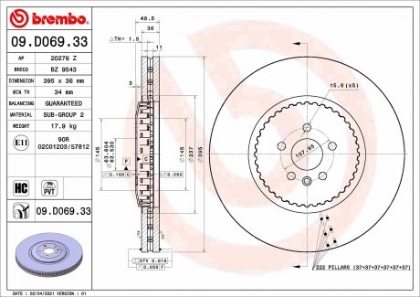 Фото автозапчасти тормозной диск передний левый/правый LAND ROVER RANGE ROVER VELAR 5.0 01.19- BREMBO 09.D069.33