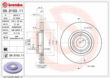 Фото автозапчастини гальмівний диск BREMBO 09.D103.11