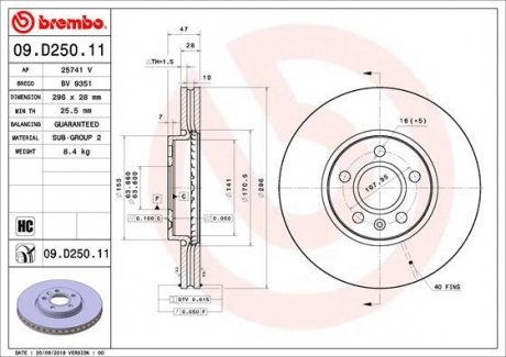 Тормозной диск передняя левая/правая (высокоуглеродистая) VOLVO S90 II, V60 II, V90 II 2.0/2.0D/2.0H 03.16- BREMBO 09.D250.11 (фото 1)