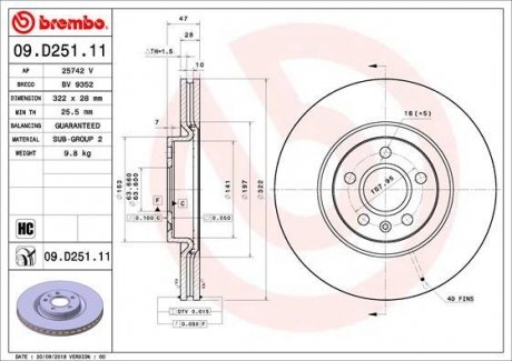 Тормозной диск передняя левая/правая (высокоуглеродистая) VOLVO S90 II, V60 II, V90 II, XC40, XC60 II 1.5-2.0H 03.16- BREMBO 09.D251.11 (фото 1)