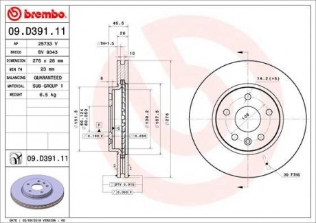Тормозной диск передняя левая/правая CHEVROLET CRUZE; OPEL AMPERA-E, ASTRA K 1.0-Electric 06.15- BREMBO 09.D391.11 (фото 1)