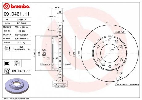 Тормозной диск передняя левая/правая (высокоуглеродистая) HYUNDAI H350 2.5D 04.15- BREMBO 09.D431.11 (фото 1)