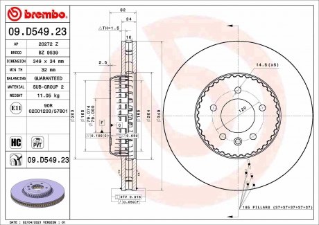 Фото автозапчасти тормозной диск передний левый/правый LAND ROVER DEFENDER 2.0-3.0H 09.19- BREMBO 09.D549.23