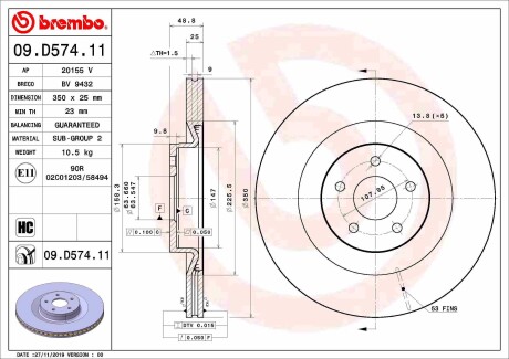 Фото автозапчасти тормозной диск передний левый/правый FORD FOCUS III 2.3 07.15- BREMBO 09.D574.11