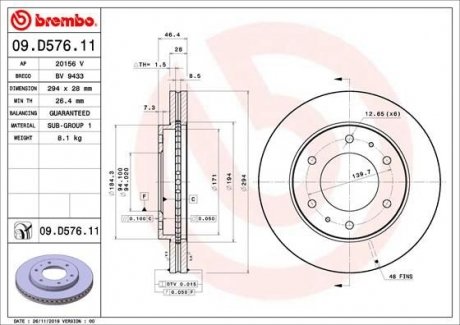 Тормозной диск передняя левая/правая FIAT FULLBACK; MITSUBISHI L200/TRITON, PAJERO SPORT II 2.2D-3.5ALK 11.05- BREMBO 09.D576.11