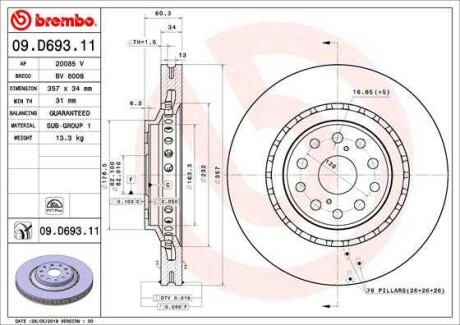 Фото автозапчастини диск гальмівний передній права LEXUS LS 3.5-5.0H 04.06- BREMBO 09.D693.11