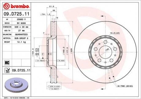 Тормозной диск передняя левая/правая (высокоуглеродистая) VOLVO XC90 I 2.4D-4.4 10.02-12.14 BREMBO 09.D725.11 (фото 1)