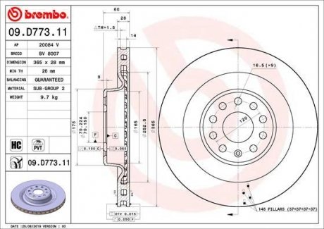 Гальмівний диск задній ліва/права (високовуглецевий) TESLA MODEL S, MODEL X Electric 09.12- BREMBO 09.D773.11