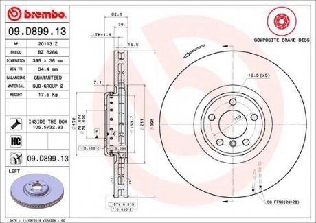 Тормозной диск передняя левая (высокоуглеродистая; с винтами) BMW X5 (E70), X5 (F15, F85), X6 (E71, E72), X6 (F16, F86) 2.0D-4.4 07.09-07.19 BREMBO 09.D899.13 (фото 1)