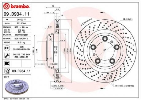 Тормозной диск левый (высокоуглеродистый; с винтами) PORSCHE 911, 911 TARGA 3.4 12.11- BREMBO 09.D934.11