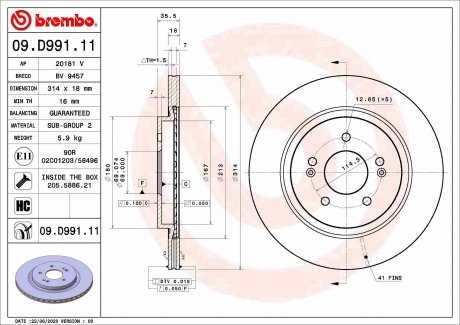Тормозной диск задний левая/правая HYUNDAI SANTA FE IV, SANTA FE IV/SUV 2.0D/2.2D/2.4 07.18- BREMBO 09.D991.11