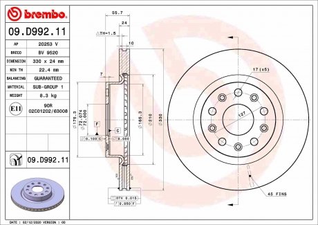 Фото автозапчасти тормозной диск передний левый/правый JEEP WRANGLER IV 2.0/2.2D 11.17- BREMBO 09.D992.11 (фото 1)