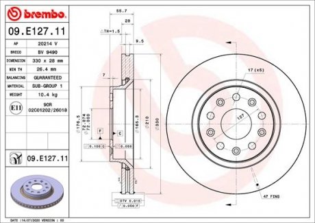 Фото автозапчасти диск тормозной передний JEEP WRANGLER IV 2.0/2.2D/3.6 11.17- BREMBO 09.E127.11