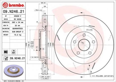 Тормозной диск передняя левая/правая (высокоуглеродистая) JEEP GRAND CHEROKEE IV 3.0-6.4 10.10- BREMBO 09.N246.21