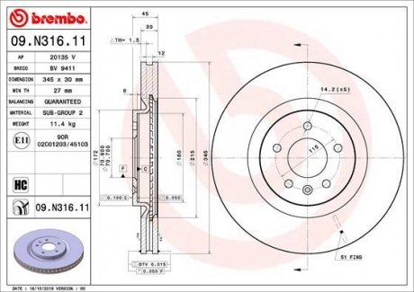 Тормозной диск передняя левая/правая (высокоуглеродистая) OPEL INSIGNIA B, INSIGNIA B COUNTRY, INSIGNIA B GRAND SPORT 1.5-2.0D 03.17- BREMBO 09.N316.11 (фото 1)