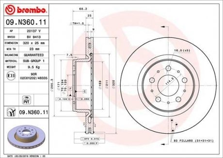 Гальмівний диск передня ліва/права TESLA MODEL 3 Electric 01.17- BREMBO 09.N360.11 (фото 1)