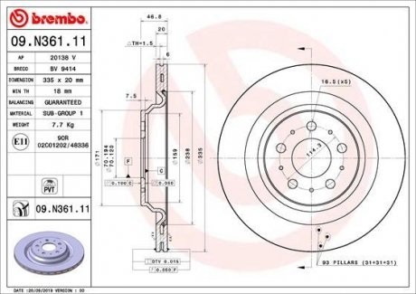 Гальмівний диск задній ліва/права TESLA MODEL 3 Electric 01.17- BREMBO 09.N361.11 (фото 1)