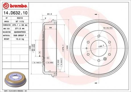 Фото автозапчасти тормозной барабан FORD RANGER; MAZDA B-SERIE, BT-50 2.2D-3.2D 06.99- BREMBO 14.D632.10