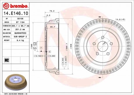 Фото автозапчасти задний тормозной барабан CHRYSLER GRAND VOYAGER III, VOYAGER III, VOYAGER IV; DODGE CARAVAN 2.0-3.8 01.95-12.08 BREMBO 14.E146.10