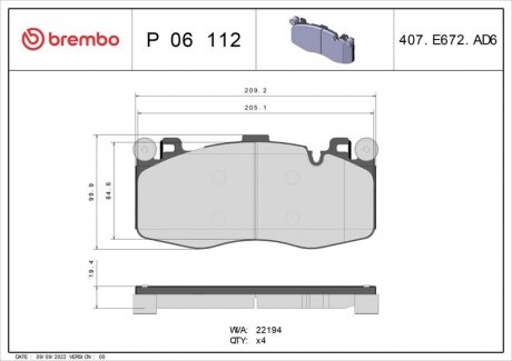Комплект гальмівних колодок з 4 шт. дисків BREMBO P06112 (фото 1)