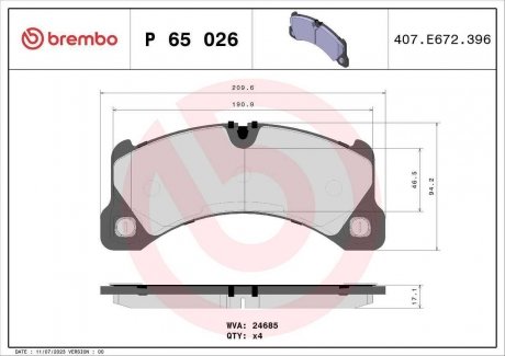 Колодки гальмівні дискові BREMBO P65 026 (фото 1)