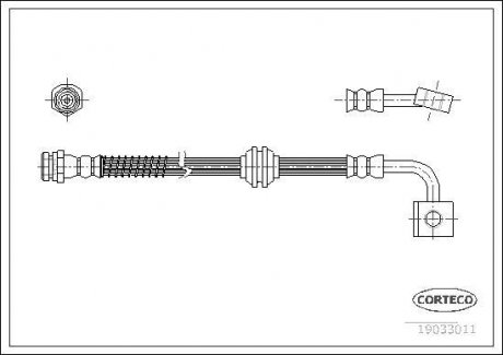 Трубка/шланг тормозной гибкий передний правый (длина 536мм,диаметр 10,05мм, M10x1/M10x1) KIA CARNIVAL I 2.5/2.9D 08.99-10.01 CORTECO 19033011