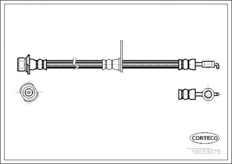 Гальмівна трубка/шланг гнучкий передній R (довжина 590 мм, діаметр 10,19 мм, M10x1) TOYOTA COROLLA, COROLLA VERSO 1.4-2.0D 08.01-02.07 CORTECO 19033075