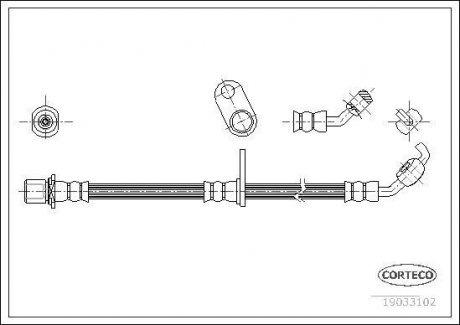 Гальмівна трубка/шланг гнучкий передній R (довжина 570 мм, діаметр 10 мм, M10x1) TOYOTA RAV 4 II 1.8/2.0/2.0D 05.00-11.05 CORTECO 19033102 (фото 1)