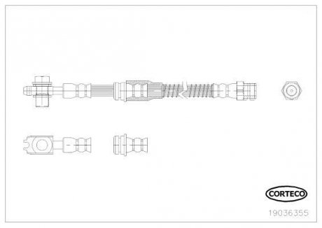 Гальмівна трубка/шланг гнучкий передній лівий/правий (довжина 565 мм, F10x1) AUDI A3; SEAT ALTEA, ALTEA XL, LEON, TOLEDO III; SKODA OCTAVIA II, SUPERB II, YETI; VW CADDY III, CADDY III/МІНІВЕН, EOS 1.2-3.6 02.04- CORTECO 19036355
