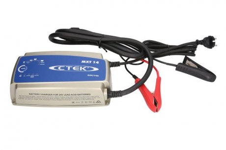 Зарядний пристрій MXT 14, зарядна напруга: 24 В 28/300, зарядний струм: 14 А, напруга живлення: 230 В, тип акумулятора: AGM/Ca/Ca/EFB/GEL/MF/WET, режим Recond для регенерації глибоко розряджених акумуляторів. CTEK 56-734