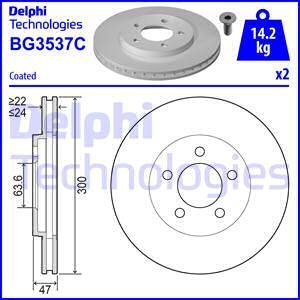 Комплект тормозных дисков (цена за штуку, комплект 2 шт.) передние левая/правая FORD MONDEO III; JAGUAR X-TYPE I 1.8-3.0 10.00-12.09 Delphi BG3537C (фото 1)