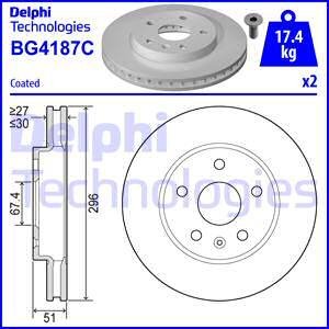 Комплект тормозных дисков (цена за штуку, комплект 2 шт.) передние левая/правая OPEL INSIGNIA A, INSIGNIA A COUNTRY; SAAB 9-5 1.4-2.8 07.08-03.17 Delphi BG4187-C