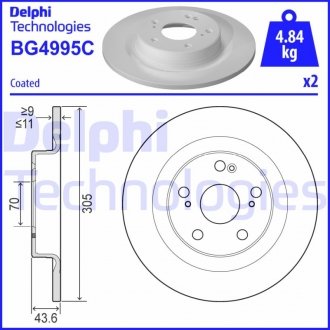 Комплект тормозных дисков (цена за штуку, комплект 2 шт.) задние левая/правая HONDA CIVIC X 2.0 06.17- Delphi BG4995C