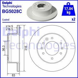 Комплект тормозных дисков (цена за штуку, комплект 2 шт.) задние левая/правая HYUNDAI H350 2.5D 04.15- Delphi BG5028C