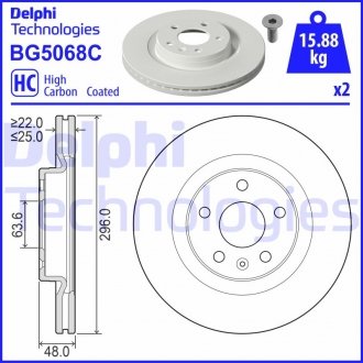 Комплект тормозных дисков (цена за штуку, комплект 2 шт.) передние левая/правая VOLVO XC40 1.5-2.0H 10.17- Delphi BG5068C