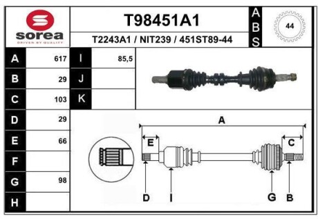 Фото автозапчасти піввісь X-TRAIL I (T30), 01. EAI T98451A1