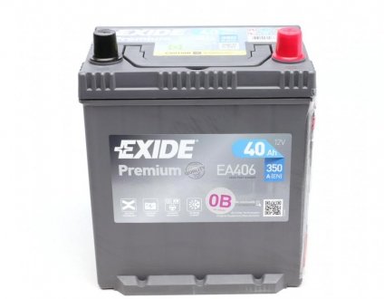 Акумулятор 12V 40Ah/350A PREMIUM (P+ jis) 187x127x220 корейський B1 (стартерний) EXIDE EA406 (фото 1)