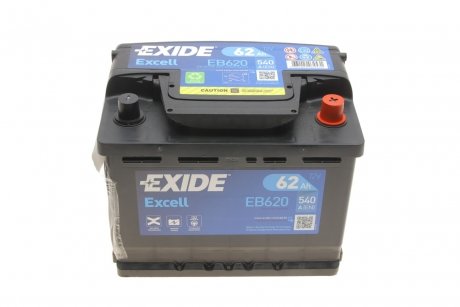 Акумулятор 12V 62Ah/540A EXCELL (P+ стандартний полюс) 242x175x190 B13 (стартерний) EXIDE EB620 (фото 1)