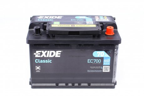 Акумулятор 12V 70Ah/640A CLASSIC (P+ en) 278x175x190 B13 (стартерний) EXIDE EC700