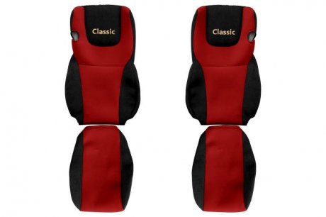 Классические чехлы на сиденья (красный, велюровая ткань, ЕВРО 6; сиденья со встроенными подголовниками; ремень безопасности водителя, встроенный в сиденье; ремень безопасности пассажира, установленный на сиденье) DAF XF 105 10.12- F-CORE F-CORE PS29 RED (фото 1)