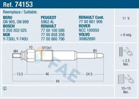 Фото автозапчасти свеча накаливания FAE 74153