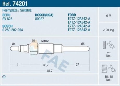 Фото автозапчасти свічка розжарювання FAE 74201 (фото 1)