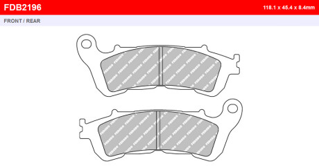 Фото автозапчасти тормозные колодки перед/зад, назначение: большой самокат, материал: sinter-SG, 118,1x118,1x8,4мм HARLEY DAVIDSON XL; HONDA CB, CBF, CBR, CTX, FES, FJS, FORZA, INTEGRA 125-1800 2001-2018 FERODO FDB2196SM