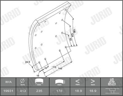 Тормозные накладки задний/передний (413x178. базовый) SCANIA 3, 3 BUS, 4 01.88- Jurid 1993101070