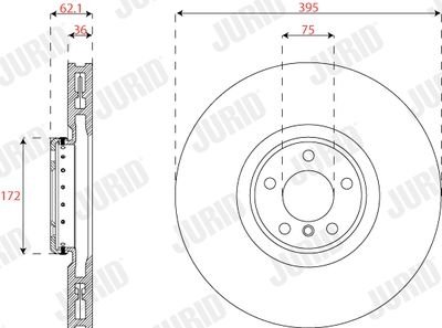 Фото автозапчастини гальмівний диск передній правий BMW X5 (E70, F15, F85), X6 (F16, F86) Jurid 563282JVC1