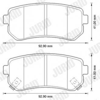 Фото автозапчастини керамічні гальмівні колодки задній (з акустичним датчиком зносу) HYUNDAI ACCENT III, ACCENT IV, I30, SONATA V; KIA CEE'D, CERATO II, CERATO III, PRO CEE'D, RIO II, SPORTAGE III 1.4-2.4 01.05- Jurid 572590JC