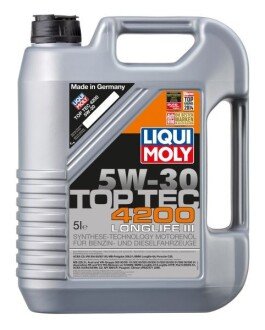 Фото автозапчастини олива двигуна TopTec 4200 (60L +) SAE 5W30 API CF; SN; ACEA C3; BMW LL-04; Mercedes 229.31; Mercedes 229.51; PORSCHE C30; Volkswagen 504.00; Volkswagen 507.00 LIQUI MOLY 3709