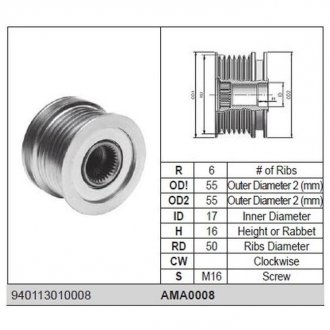 Фото автозапчастини шків генератора FORD GALAXY I; SEAT ALHAMBRA, CORDOBA, CORDOBA VARIO, IBIZA II, INCA, TOLEDO I; SKODA FELICIA I, FELICIA II; Volkswagen CADDY II, CADDY II/MINIVAN, CRAFTER 30-35 1.6-2.4D 05.89-12.16 MAGNETI MARELLI AMA0008