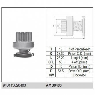 Фото автозапчасти бендікс стартера PEUGEOT BOXER 2.2 HDI MAGNETI MARELLI AMB0483 (фото 1)